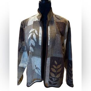 Coldwater Creek Women's Jacket Brown Leaves Tapestry Rib Textured Large Zip Up